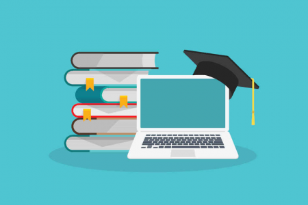 Graphic of Books and laptop with graduation cap on laptop