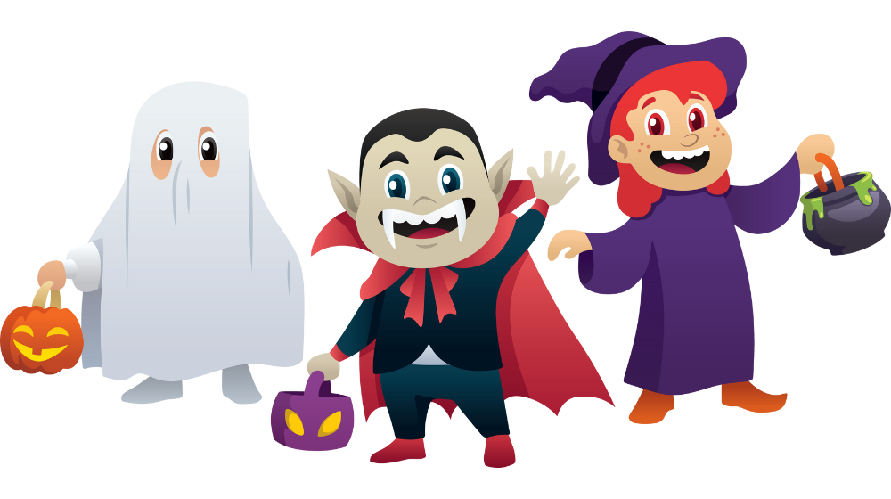 Halloween trick or treat characters: a ghost, vampire and a witch